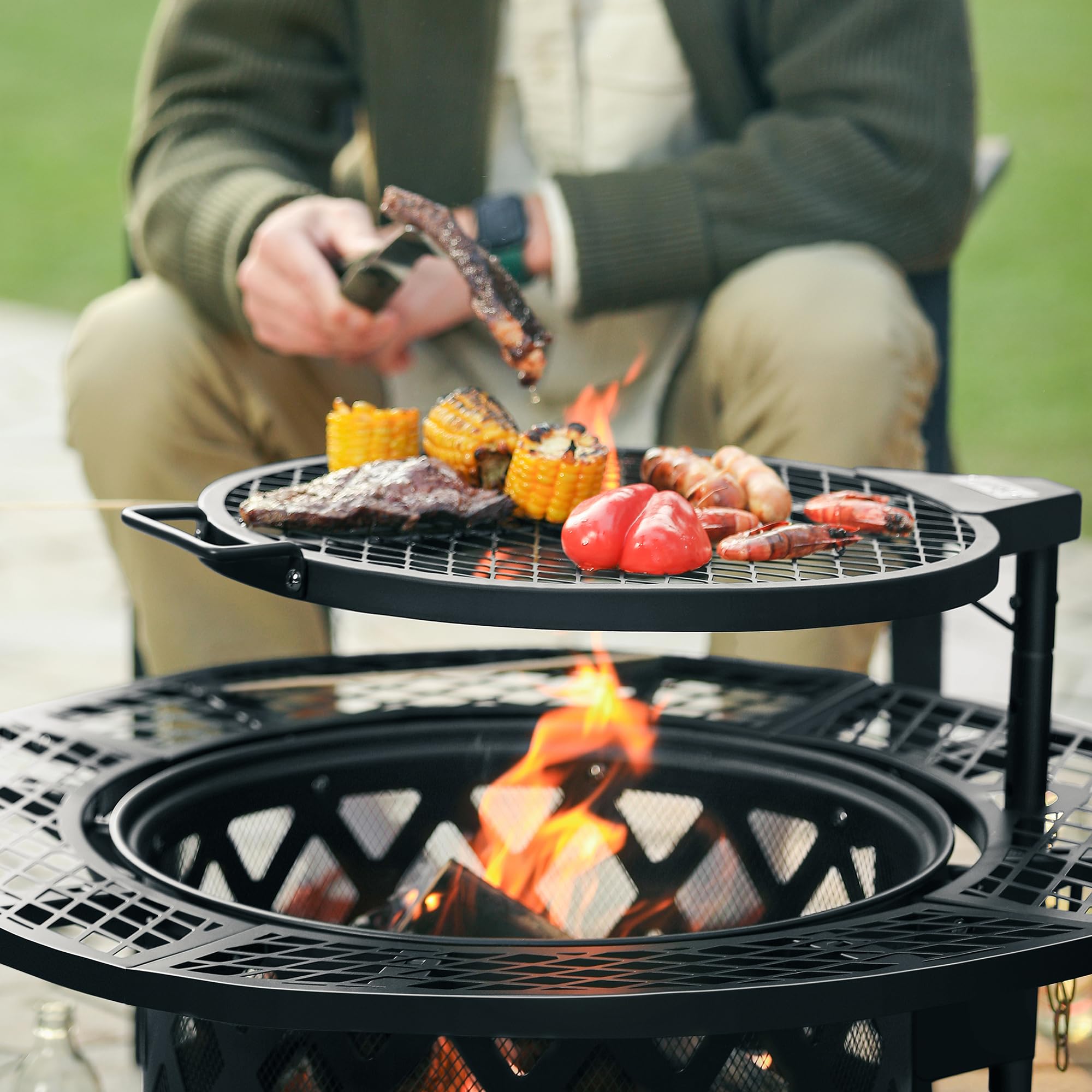 Fire Pit with Poker, 32 inch Outdoor Fire Pit Patio, Wood Burning Firepits for Outside