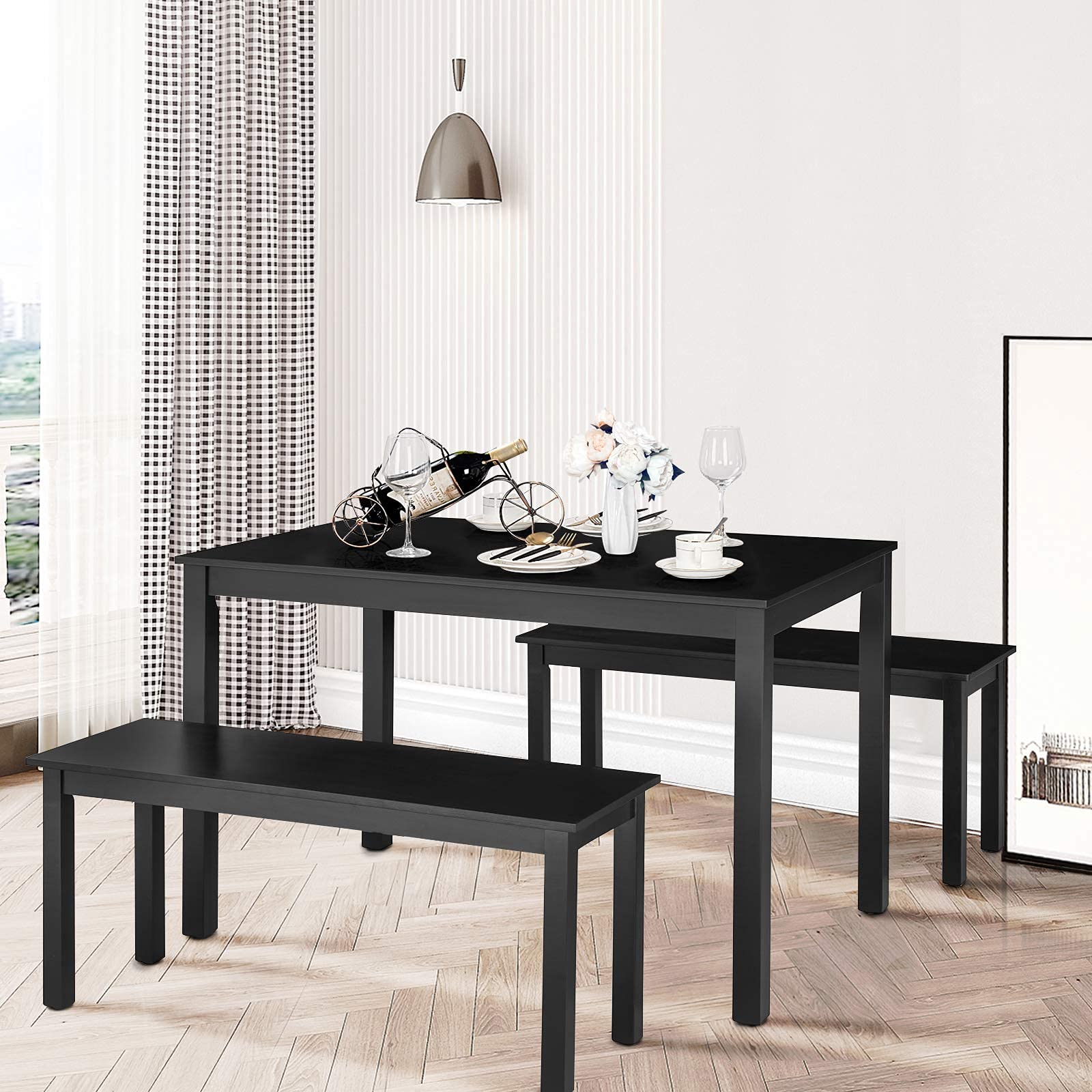 Dining Table with Bench, Wooden 3 Pcs Kitchen Dining Room Furniture