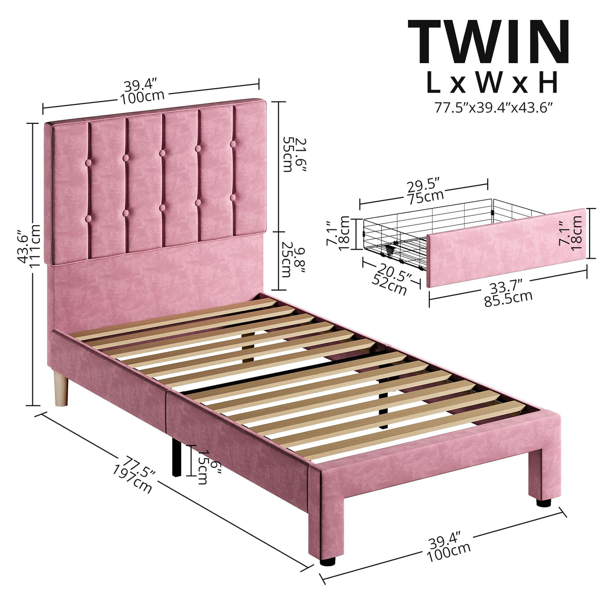 Twin Bed Frame with Under-Bed Drawer, Velvet Upholstered Platform Bed Frame with Headboard,