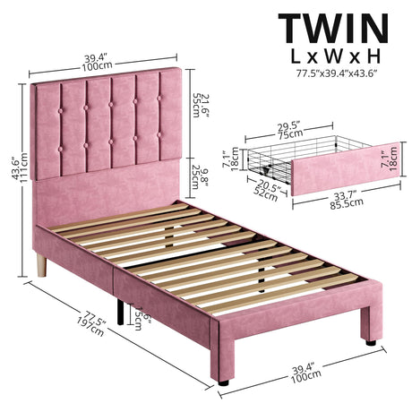 Twin Bed Frame with Under-Bed Drawer, Velvet Upholstered Platform Bed Frame with Headboard,