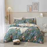 Green and White Floral Duvet Cover King 100% Cotton,Reversible Green Garden Flower