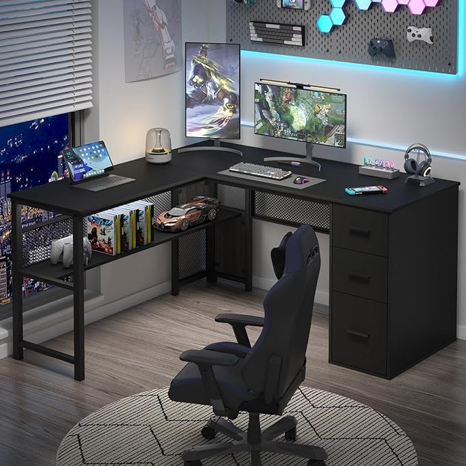 White L shaped Corner Desk with Drawers, Reversible Modern L-Shaped Computer Desk