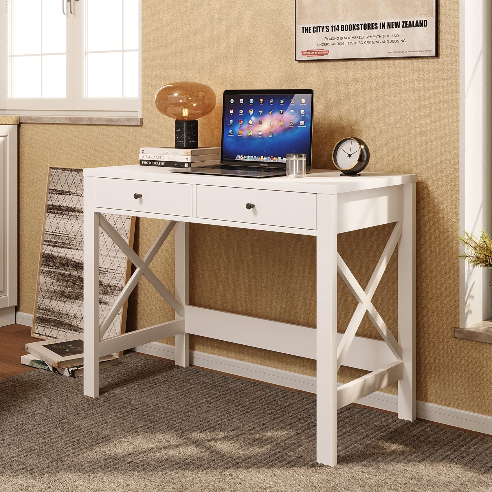 White Office Computer Desk with 2 Drawers - Small Writing Desk