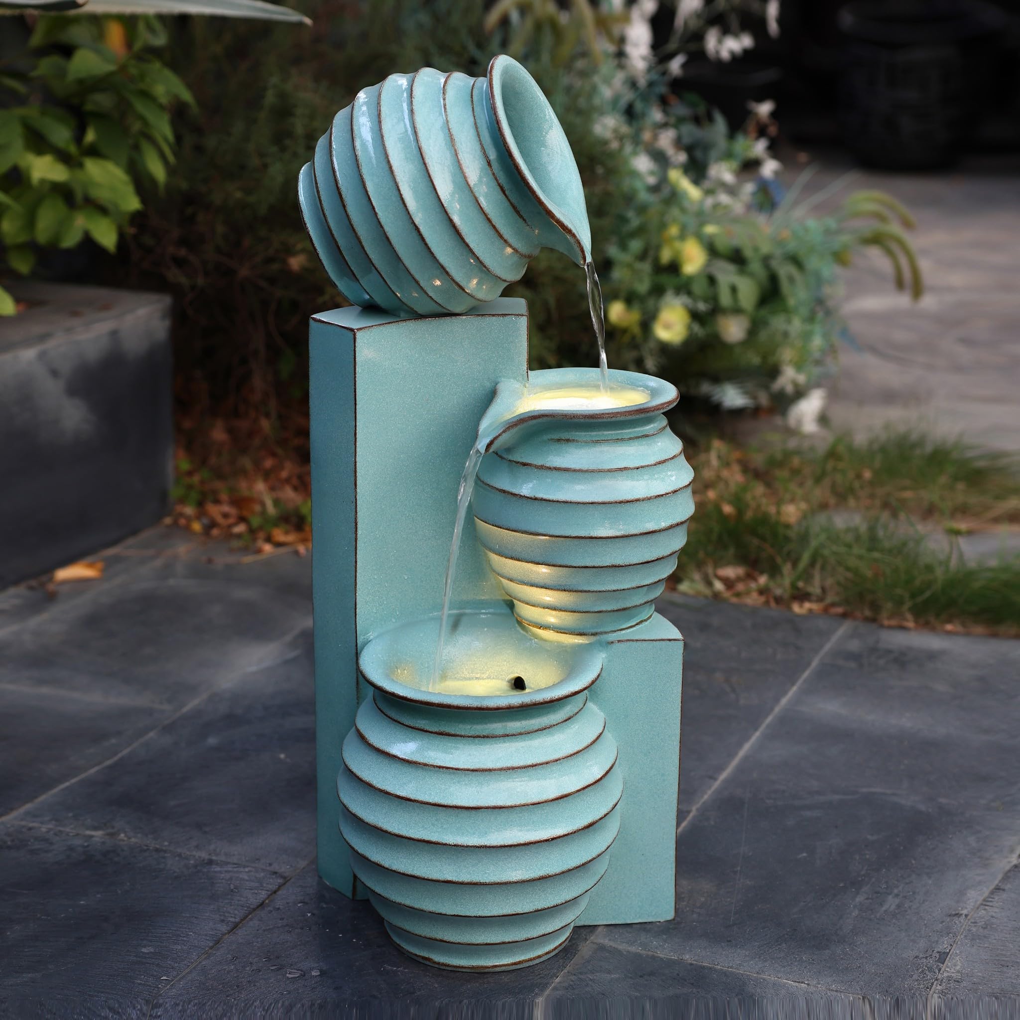 30" Tall Aqua Blue Outdoor Water Fountain with LED Lights, Cascading Resin Garden