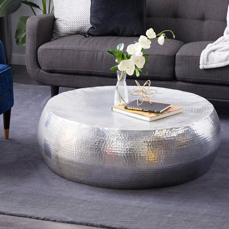 Aluminum Metal Living Room Coffee Table Drum Shaped Table with Hammered Design