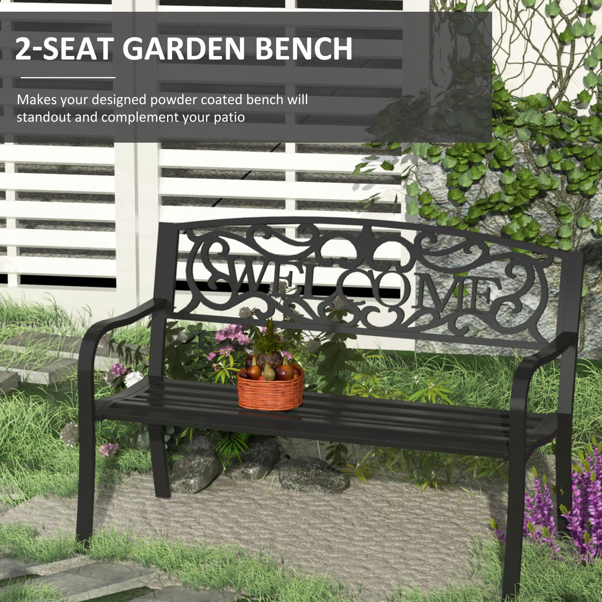 50" Outdoor Metal Welcome Bench, Garden Bench with Slatted Seat, Patio Bench for Park