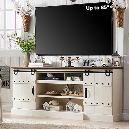 Farmhouse 75" TV Stand for 80 85 Inch TV, Rustic Media Console Table with Sliding