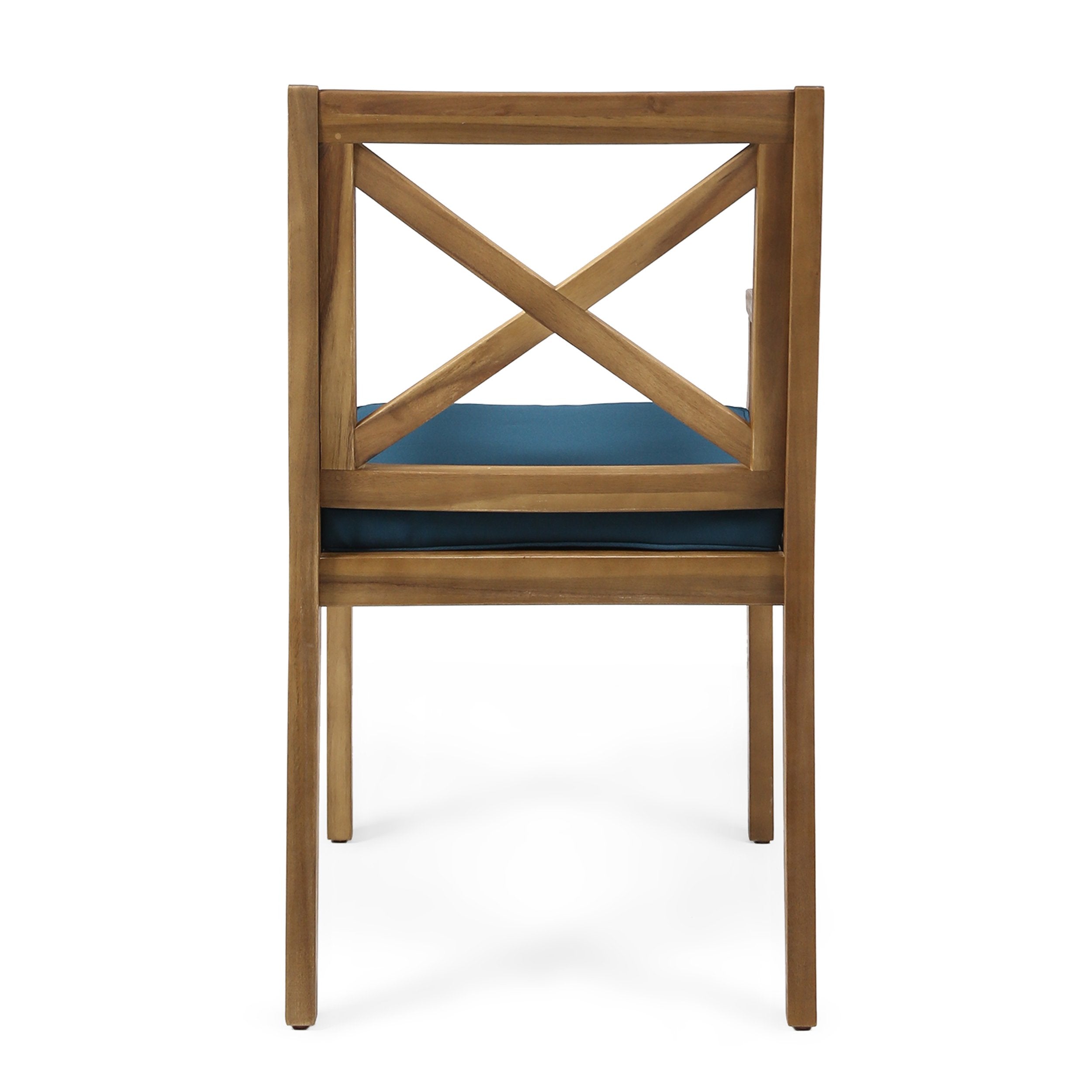 Outdoor Acacia Wood Dining Chair Set of 2, Teak/Blue Cushion
