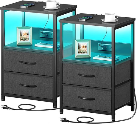 Nightstand Set of 1/2 with Charging Station, Bedside Table with LED Lights, Night Stand