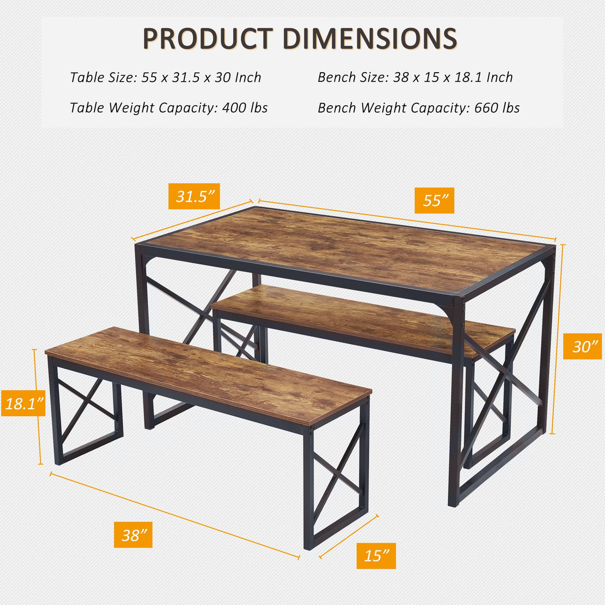 Kitchen Table with 2 Benches for 6,Wood Dining Room Dinette Sets with Metal Frame