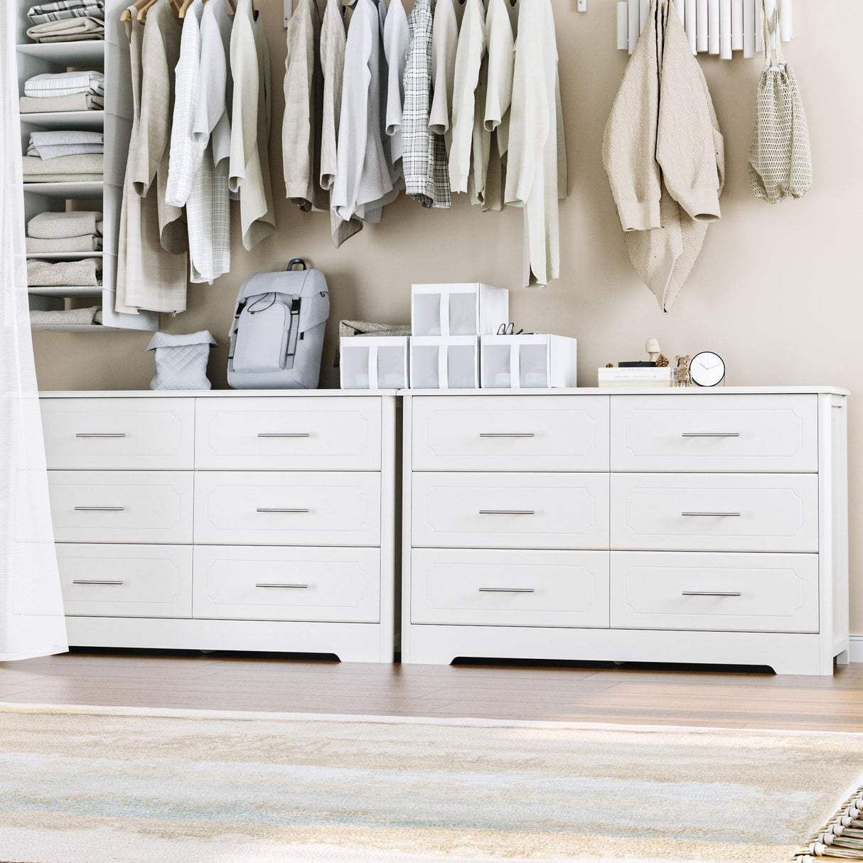 6 Drawer Dresser, Modern White Wide Chest of Drawers with Metal Handels