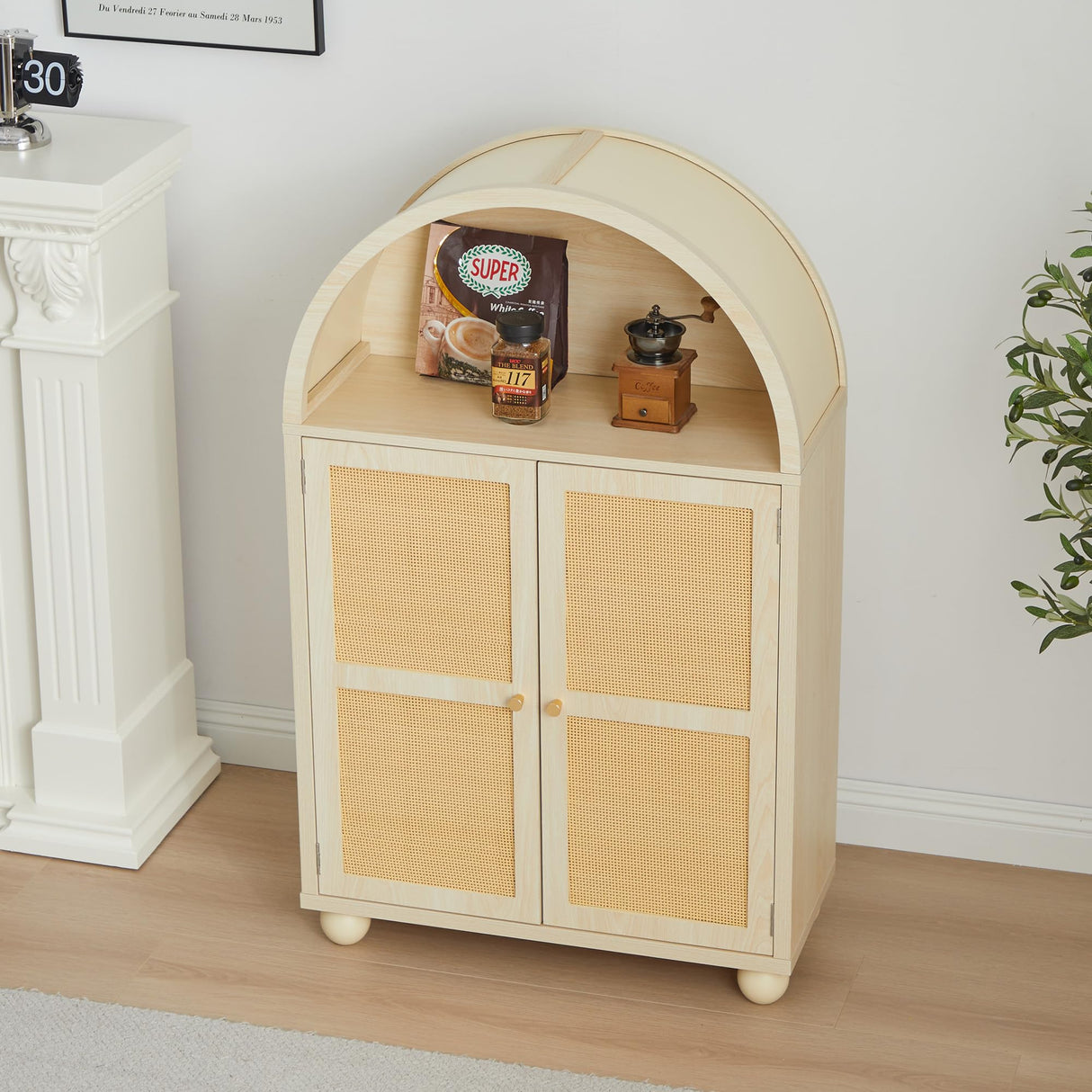 Sideboard Buffet Cabinet, Modern Arched Storage Cabinet with Rattan Decor Doors