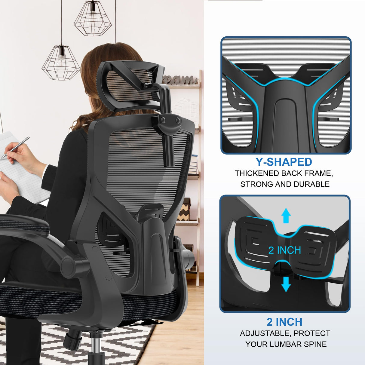 𝑯𝑶𝑴𝑬 𝑶𝑭𝑭𝑰𝑪𝑬 𝑪𝑯𝑨𝑰𝑹, Ergonomic Mesh Desk Chair, High Back Computer Chair- Adjustable Headrest with Flip-Up Arms, Lumbar Support, Swivel Executive Task Chair (Modern, Black)