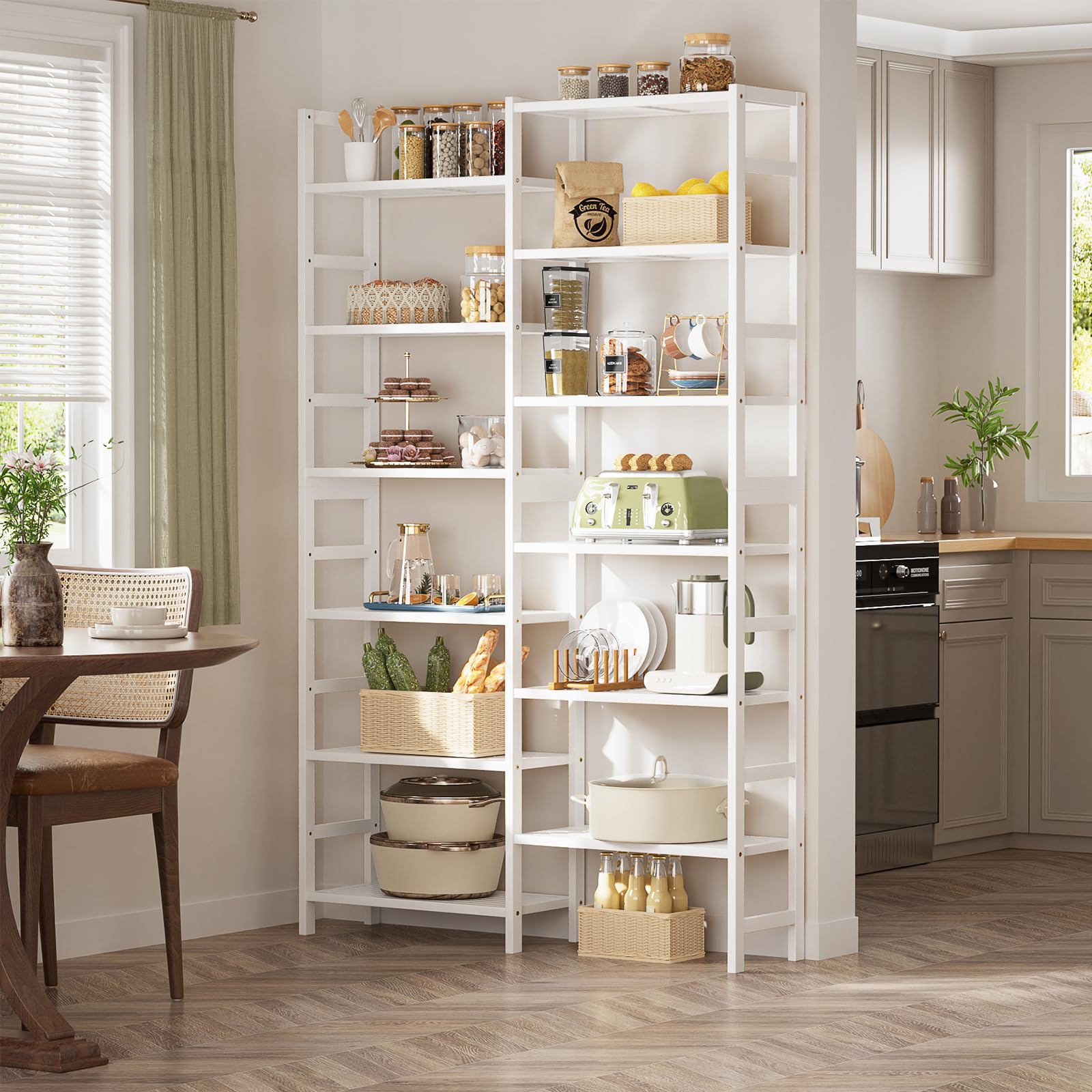 Homykic Double Wide Bamboo Bookshelf White, 6-Tier Large Open Bookcase with 12 Display Shelves, 6ft Tall Freestanding Book Shelf for Home Office, Bedroom, Living Room, Plants