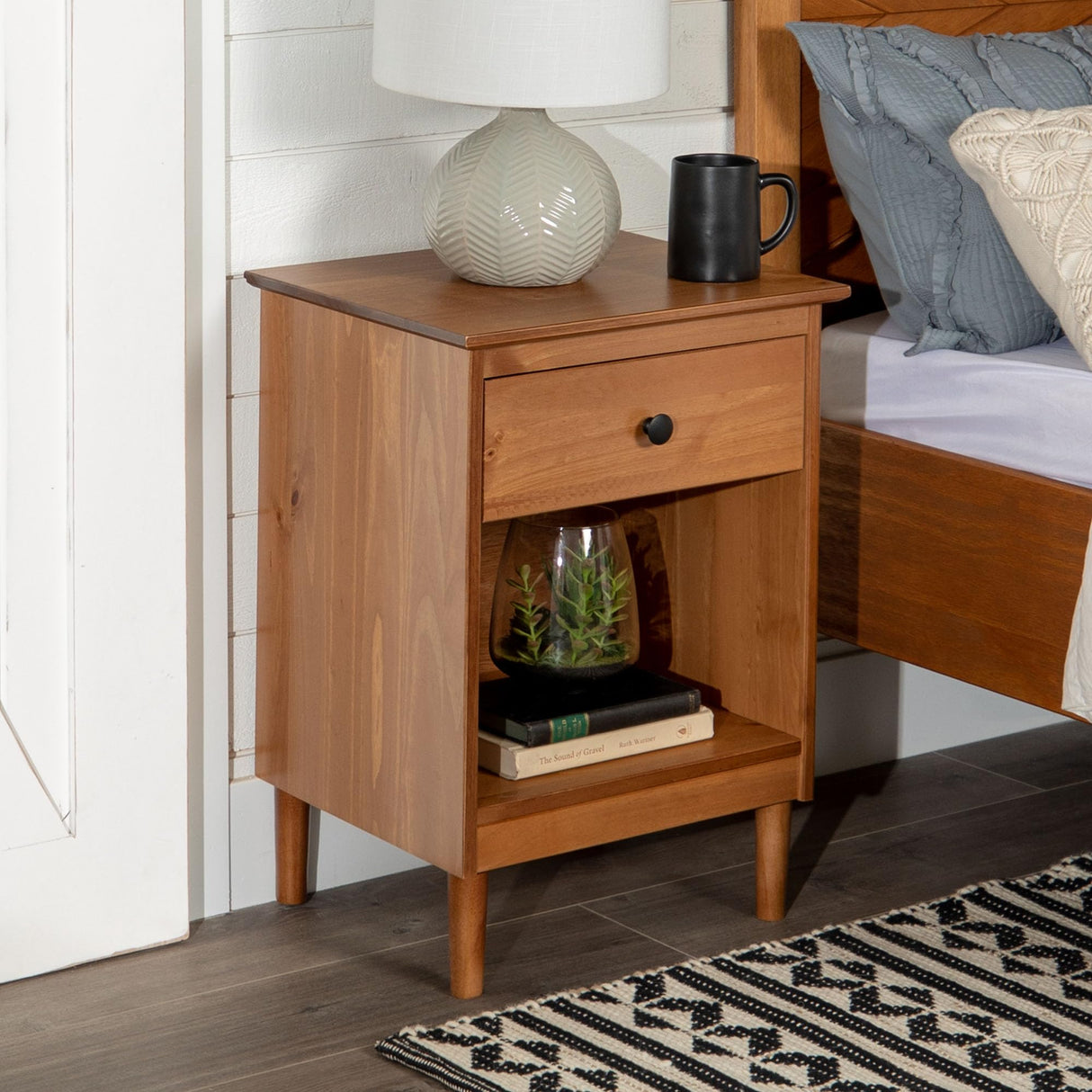 Russ Mid Century Modern 1-Drawer Solid Wood Nightstand Set, Caramel