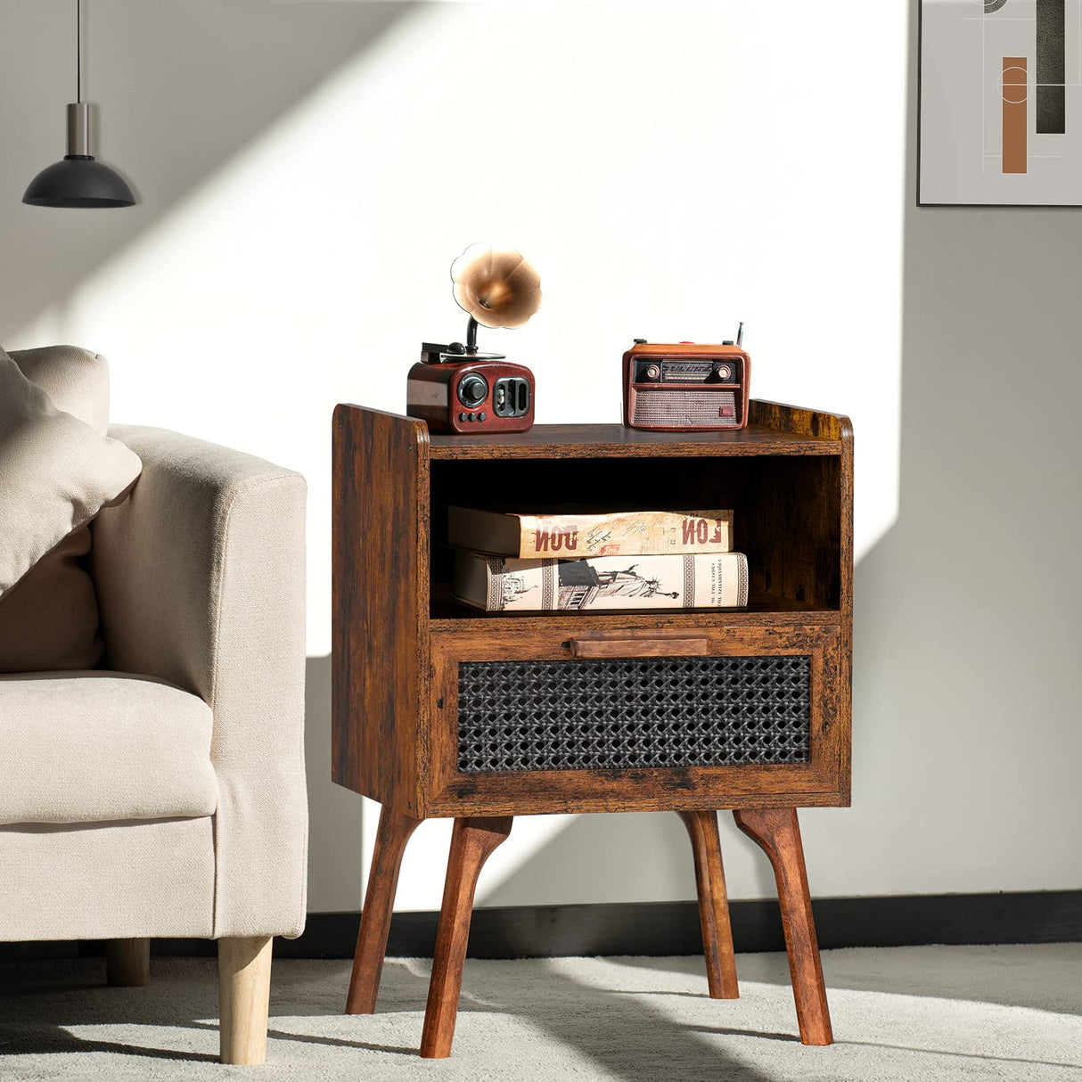 Rattan Nightstands Set of 2, Boho Side Table with Drawer Open Shelf, Cane Accent Bedside End Table with Solid Wood Legs for Bedroom, Dorm and Small Spaces (Brown)