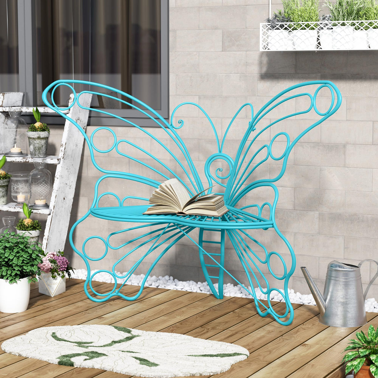 Inches Outdoor Bench, Garden Bench with Sturdy Iron Metal Frame