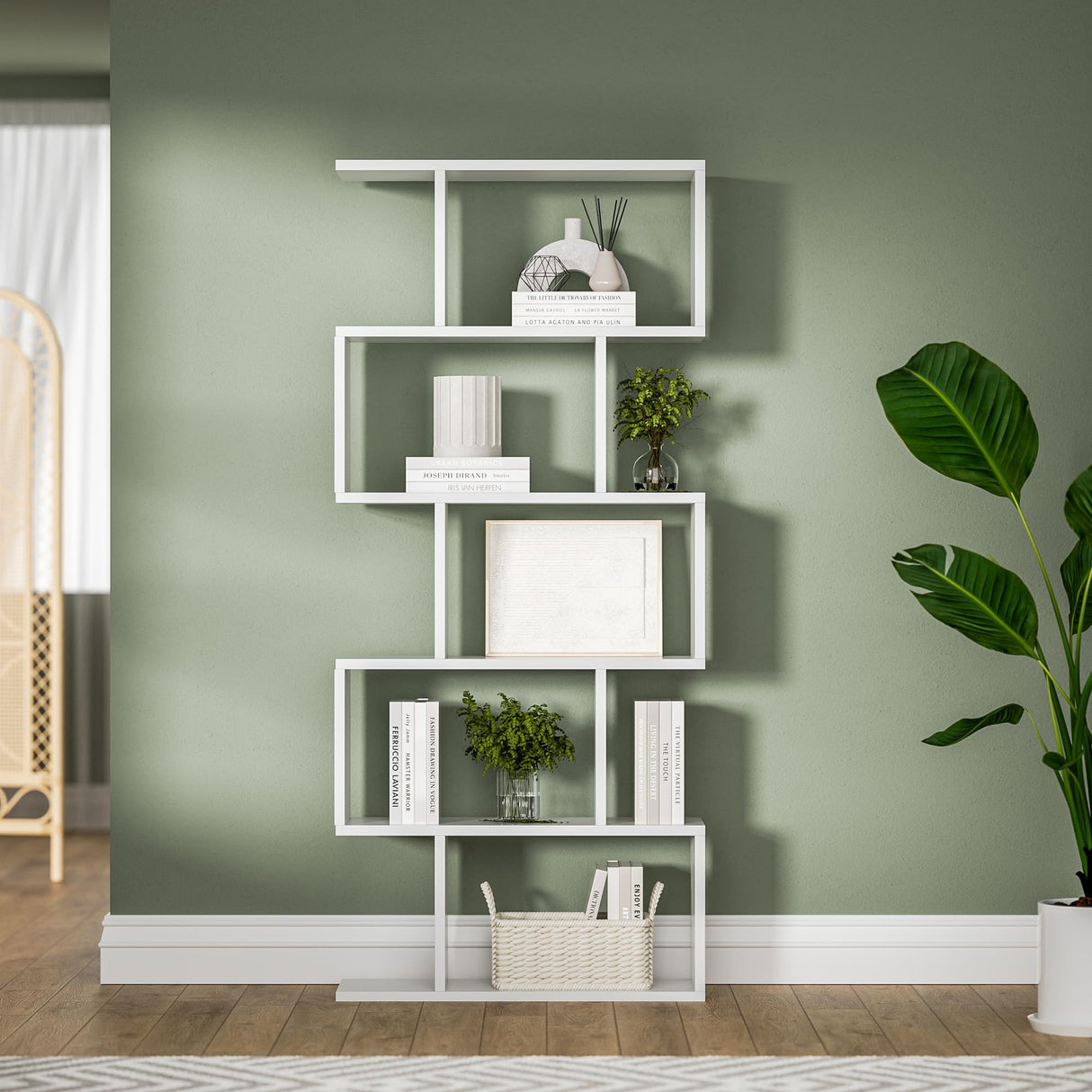 White 5-Tier Geometric Bookcase, S-Shaped Modern Bookshelf Set of 2, 62.6" Tall Room