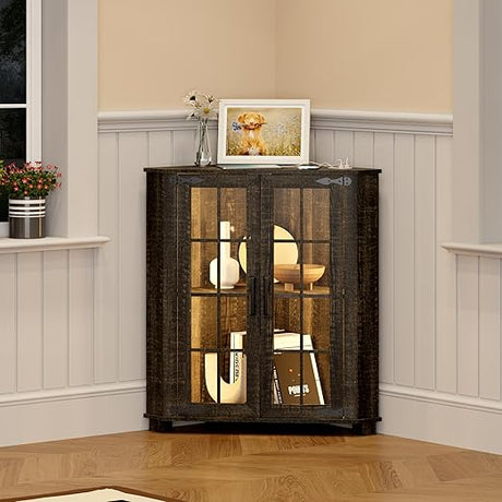 Farmhouse Corner Cabinet with LED Light, 67" Tall Bathroom Cabinet with 2 Doors and 3