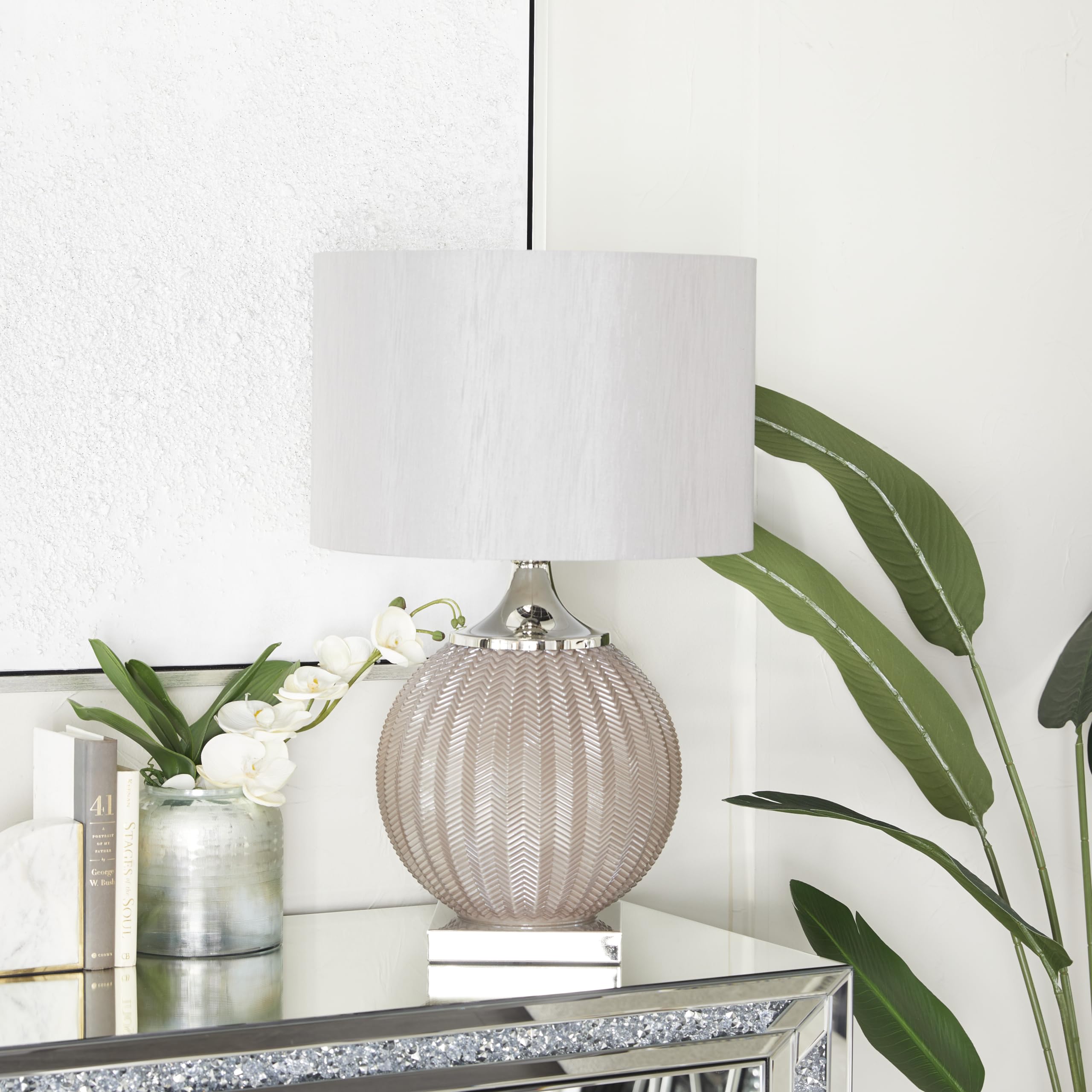 Glass Room Table Lamp Accent Lamp with Chevron Pattern, Lamp 17" x 17" x 27", Gray