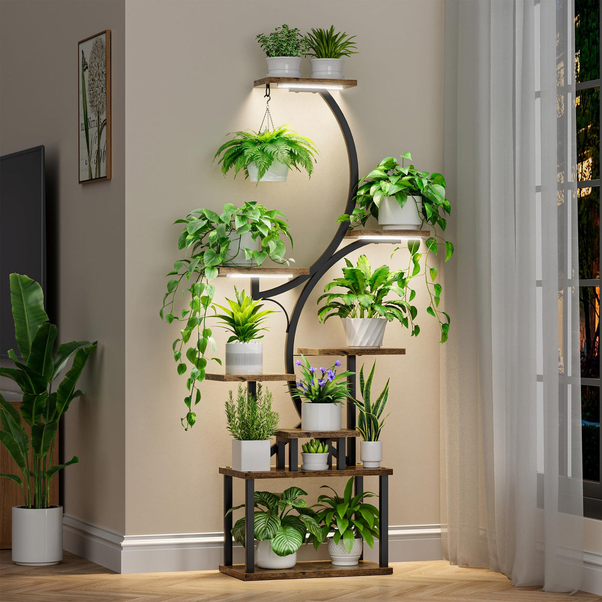 Plant Stand Indoor with Grow Lights, 8 Tiered Indoor Plant Shelf, 62" Tall Plant