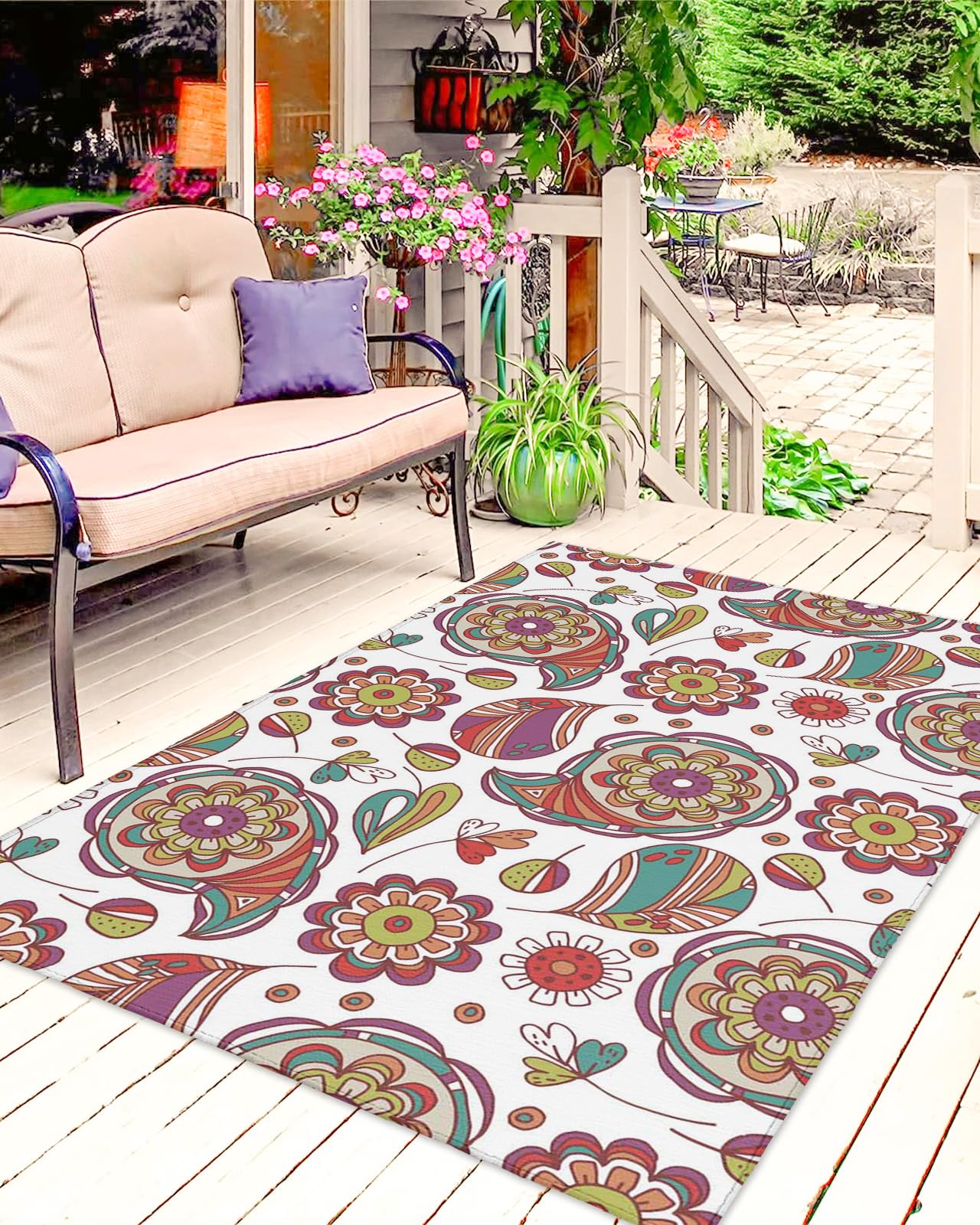 Outdoor Rug 4x6 ft Floral Outdoor Large Area Rug Non Slip Rubber Spring Flower White