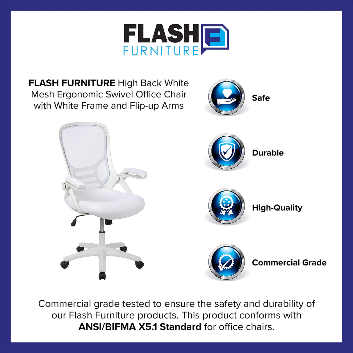 Flash Furniture Porter High-Back Swivel Office Chair with Adjustable Lumbar Support and Height, Ergonomic Mesh Desk Chair with Flip-Up Armrests, White