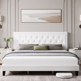 Full Size Bed Frame with Tufted Faux Leather Headboard, Upholstered Platform Bed