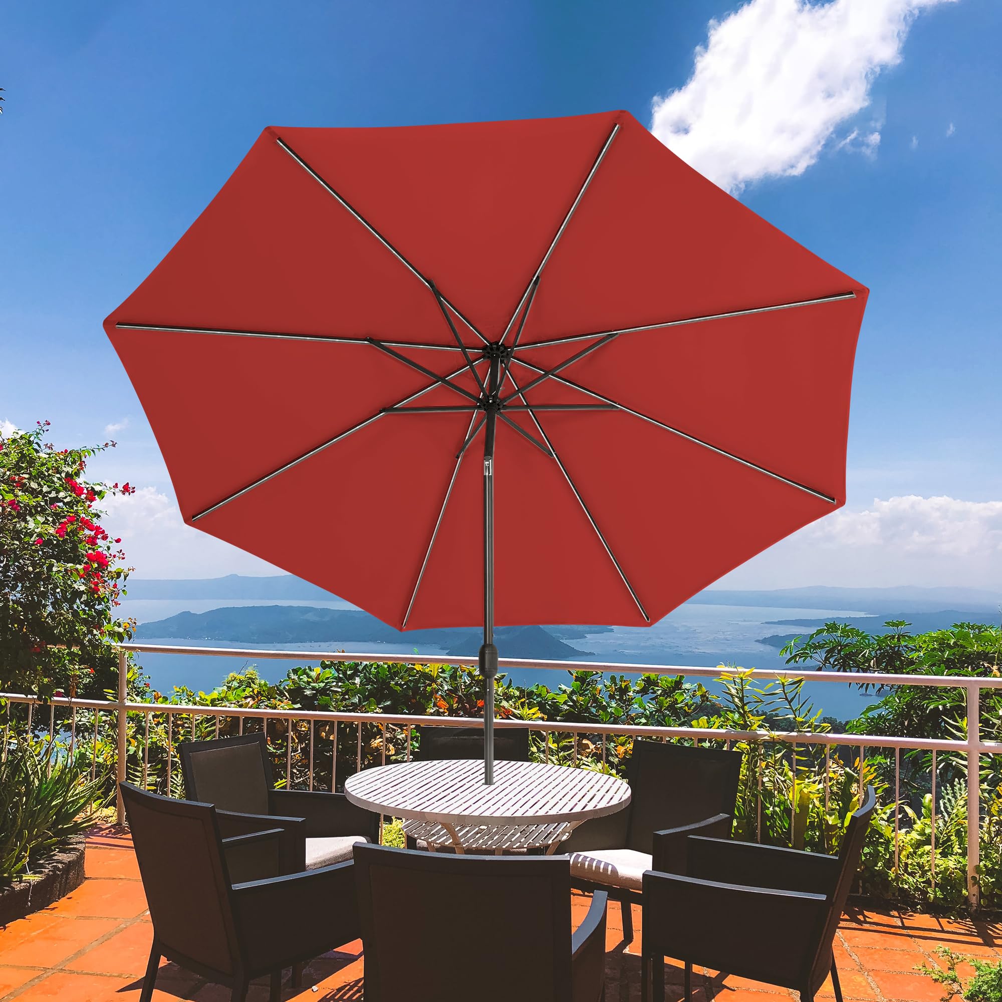 Olefin 5-Year-Non-Fading Solar 80 LED 9 FT Solar Patio Umbrella with Sand Bag Base