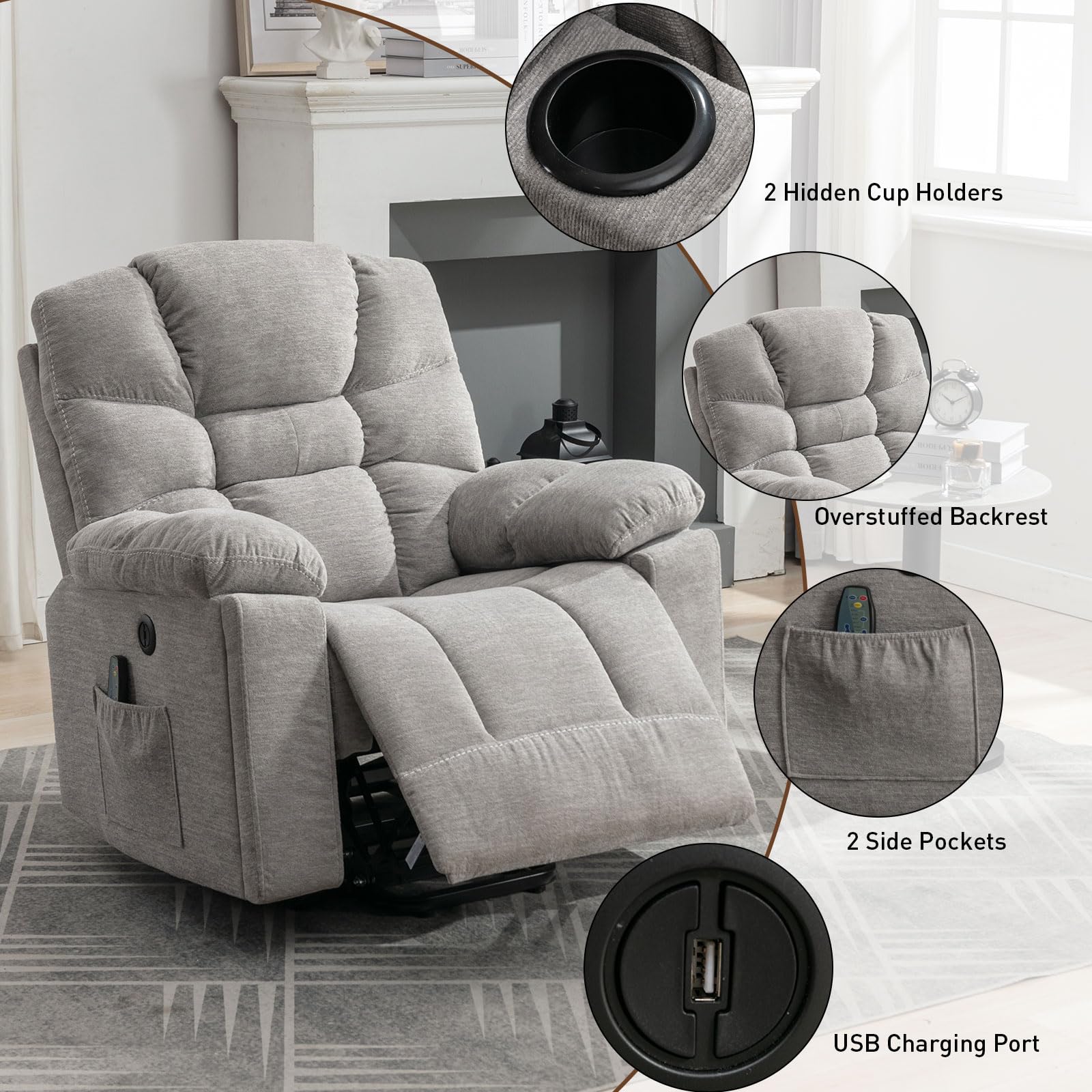 StoneCraft Light Grey Power Lift Recliner Chair with Massage, Heat and Cup Holders