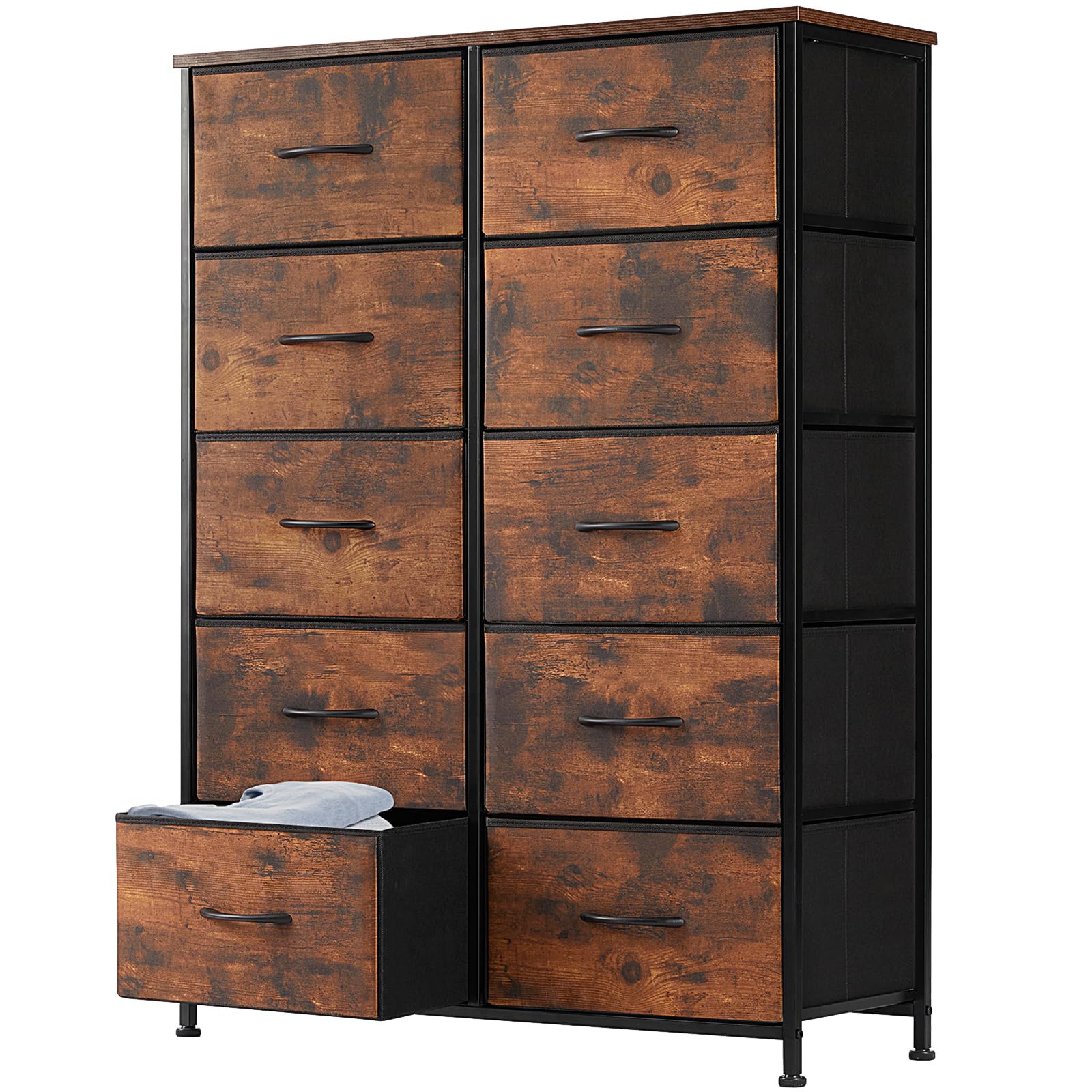 Dresser for Bedroom Storage Tower, Chest Fabric Bins Sturdy Metal Frame Wood Tabletop
