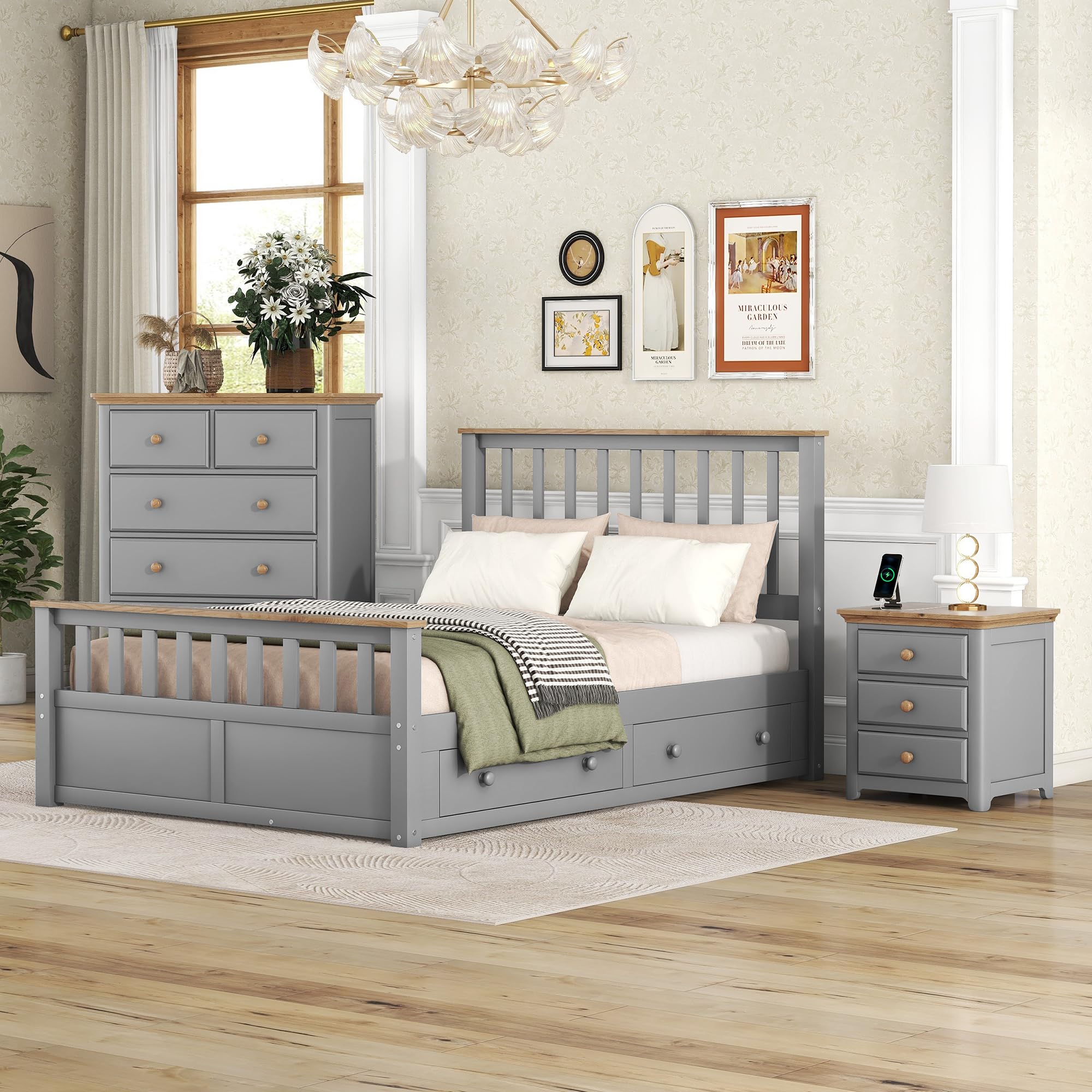 3-Pieces Bedroom Furniture Sets, Bedroom Sets Storage Full Size Platform Bed with Nightstand