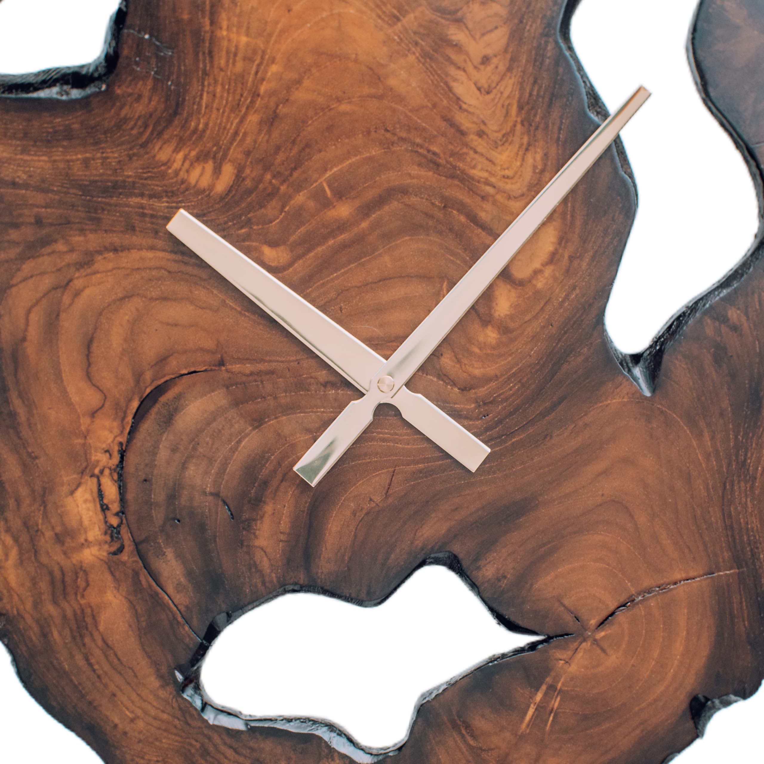 Rustic Wood Wall Clock - Unique Modern Live Edge Teak Dial with Large Black Metal Frame,