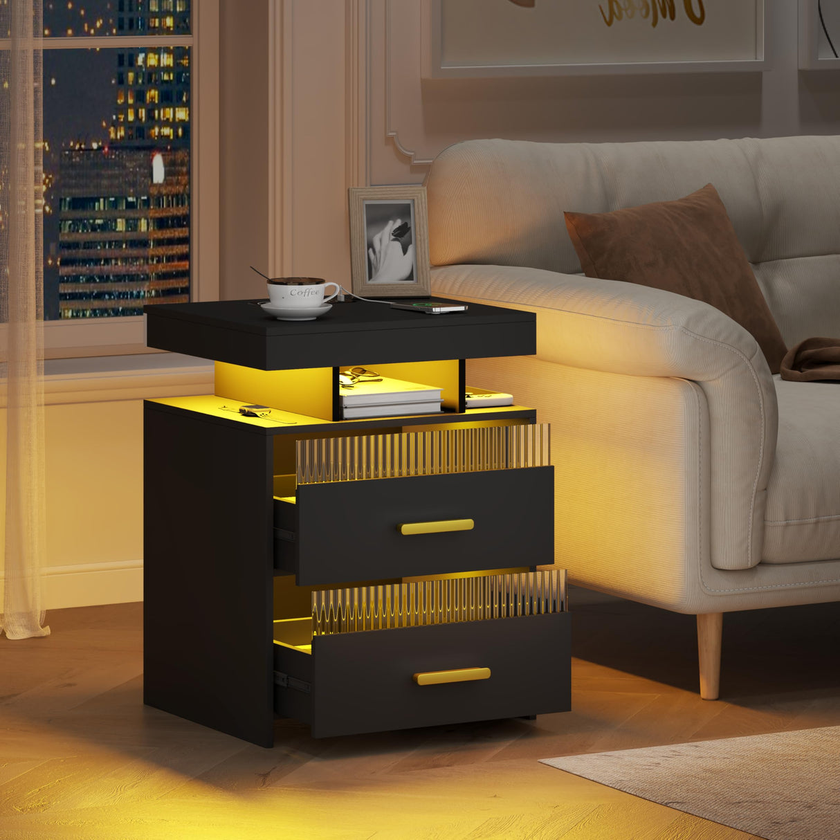 Nightstand with Charging Station and LED Lights, Night Stand with 2 Drawers, Wood Smart