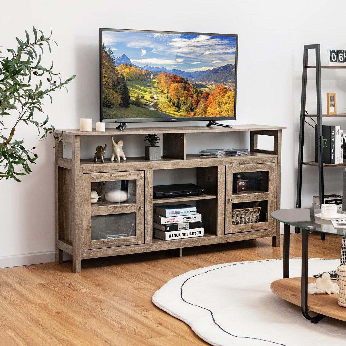 Farmhouse TV Stand for TVs up to 65" Flat Screen, Wooden TV Console Table w/2