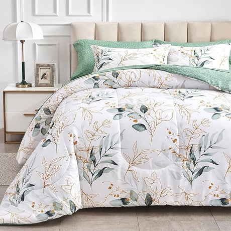 7 Piece Bed in a Bag King, Green Leaves Printed on White Botanical Design, Microfiber