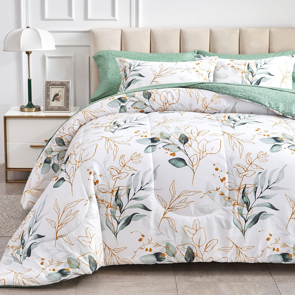 6 Piece Bed in a Bag Twin, Green Leaves Printed on White Botanical Design, Microfiber