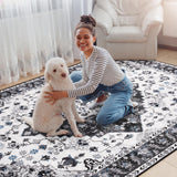 Amearea Vintage Design Area Rugs for Living Room, 4x6 Machine Washable Floral Collection Traditional Bedroom Rug, Low Pile Cute Kids Room Print Carpet, No Slip Office Kitchen Home Decor, Black