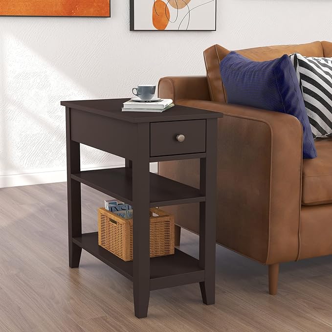 Side Table Living Room, Narrow End Table with Drawer and Shelf, 3-Tier Sofa End Table