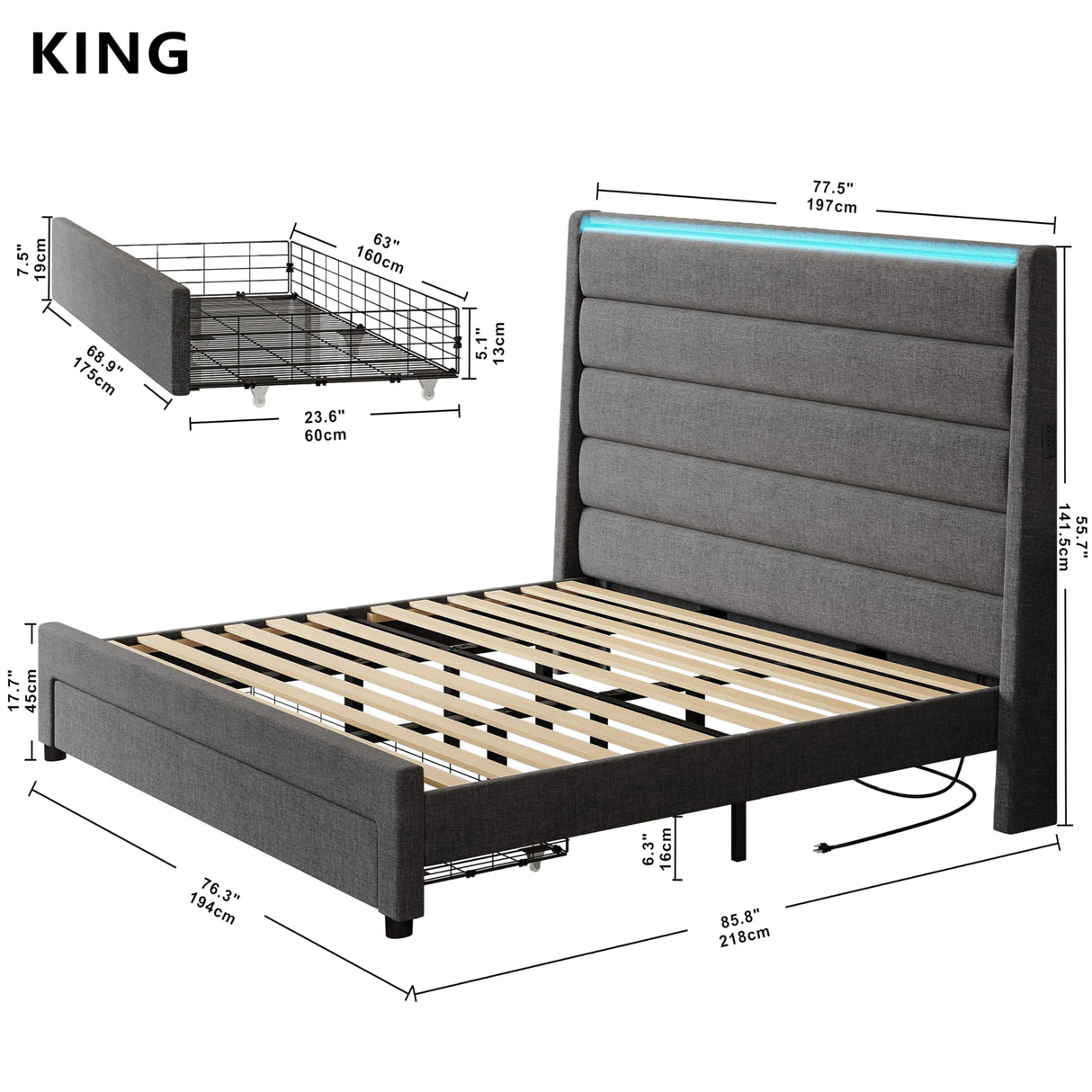 King Size Bed Frame with 55 Inches All Wingback Headboard & Drawer & 2 Charging Station,