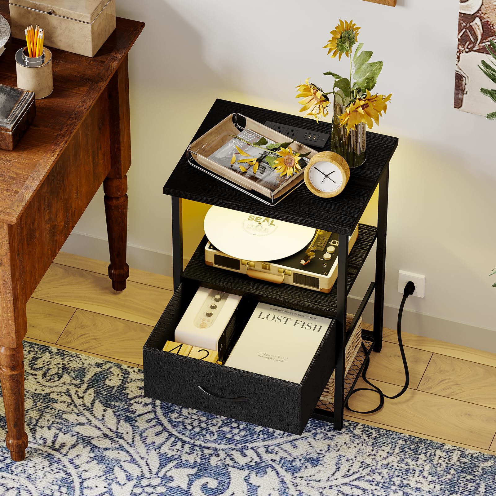 Night Stand Set of 2 with Charging Station, LED Nightstand