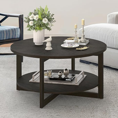 Round Coffee Table, 35" Rustic Modern Circle Coffee Tables with 2-Tier Storage Shelf