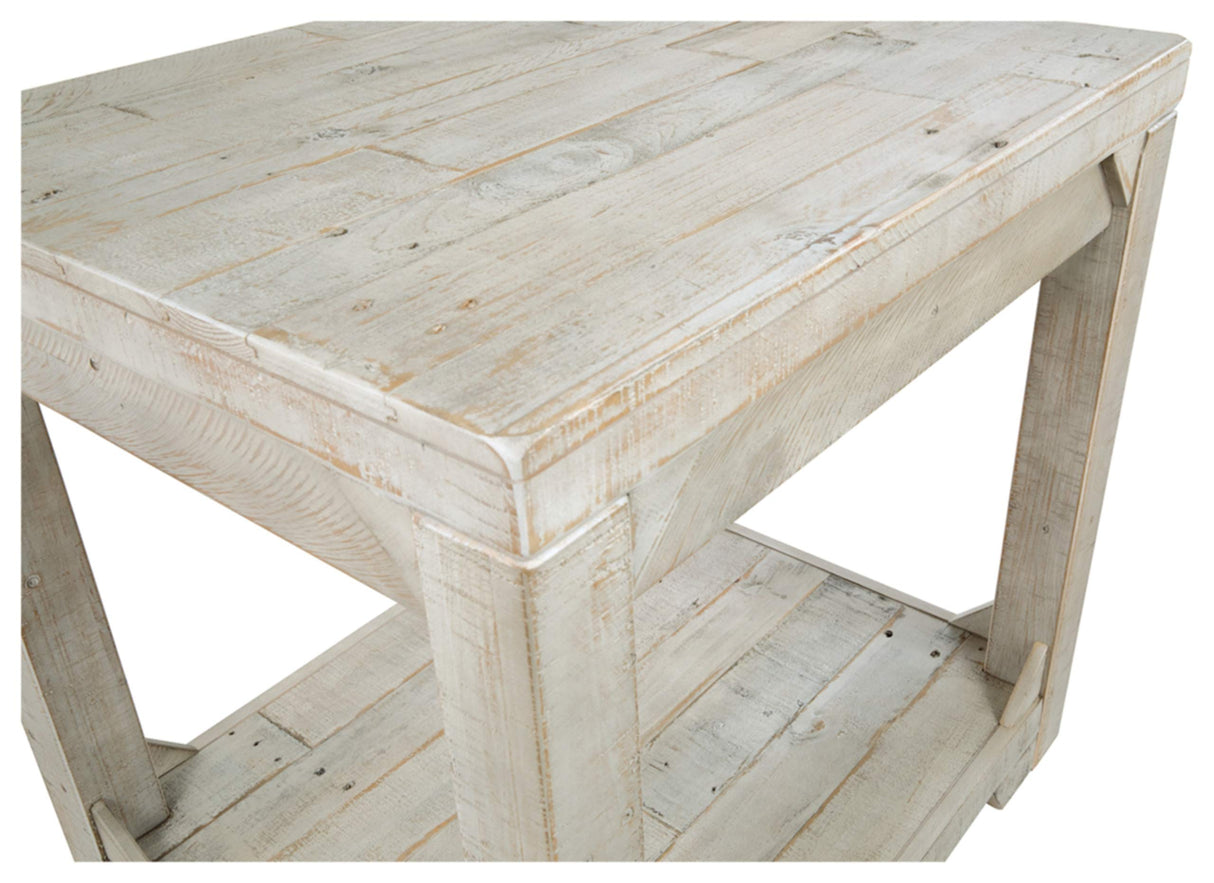 Fregine Farmhouse Square End Table with Floor Shelf, Weathered White Finish