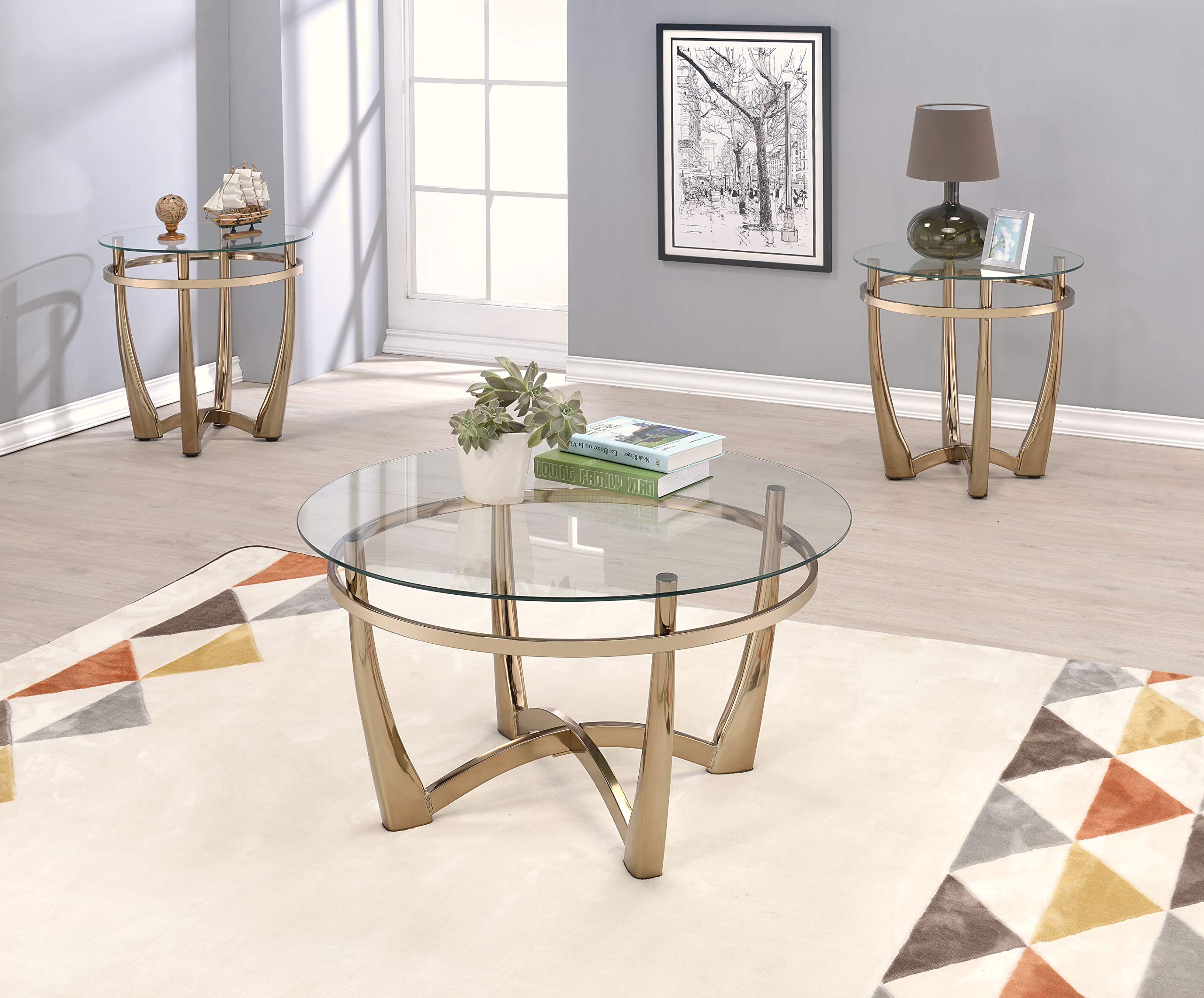Orlando II Round Glass Top Coffee Table in Champagne and Espresso
