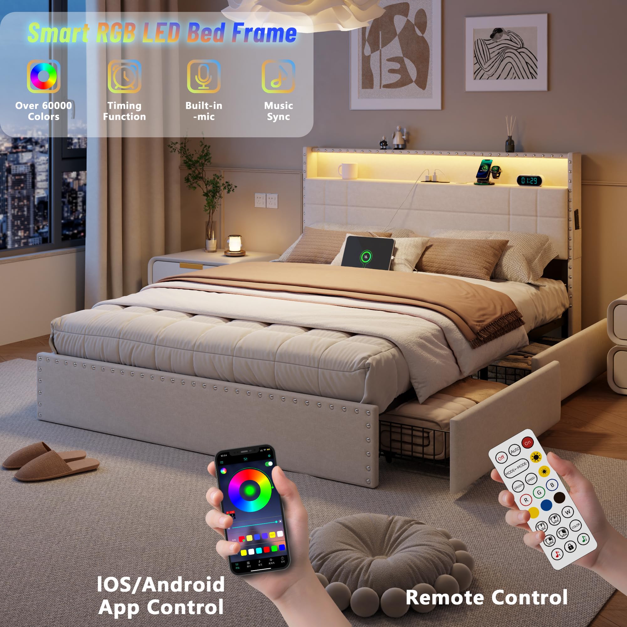 Queen Bed Frame with Storage Drawers, LED Lights & Charging Station