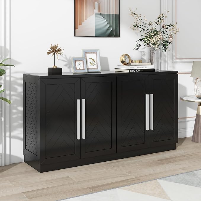 Storage Sidboard Cabinet with 4 Doors, Adjustable Shelves and Silver Handles