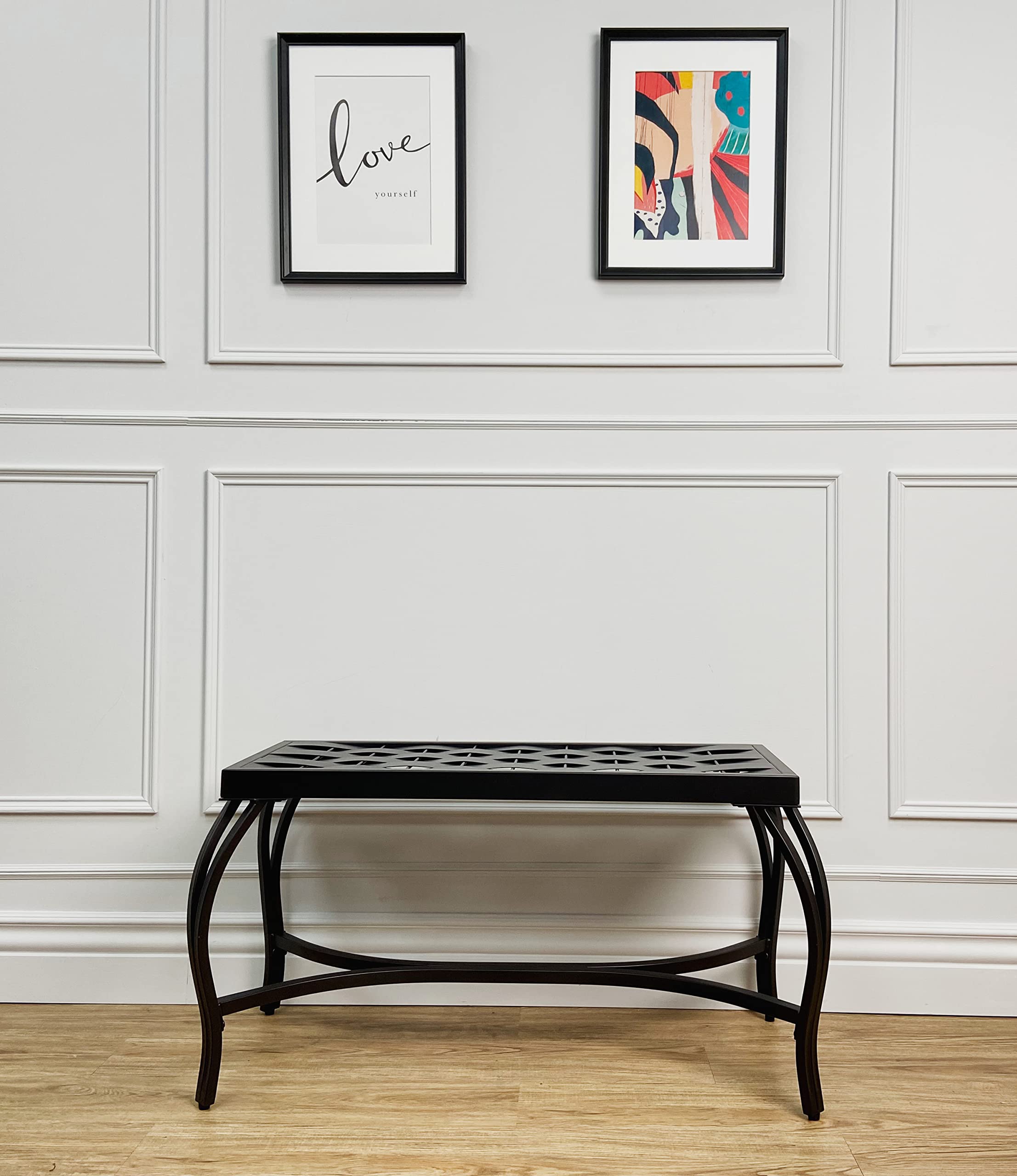 Free Standing Patio Garden Weave Bench, Metal Bronzed Black