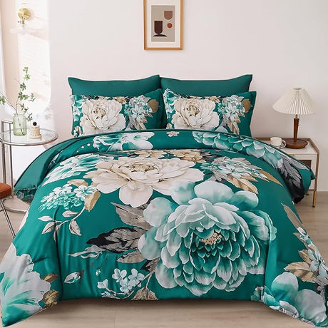 Khaki Comforter Set King Size 7 Pieces Floral Bed in a Bag Taupe Flower Green Leaves Bed Comforter Set Soft Bedding Sets for All Season with Flat Sheet, Fitted Sheets, Pillowcases & Shams