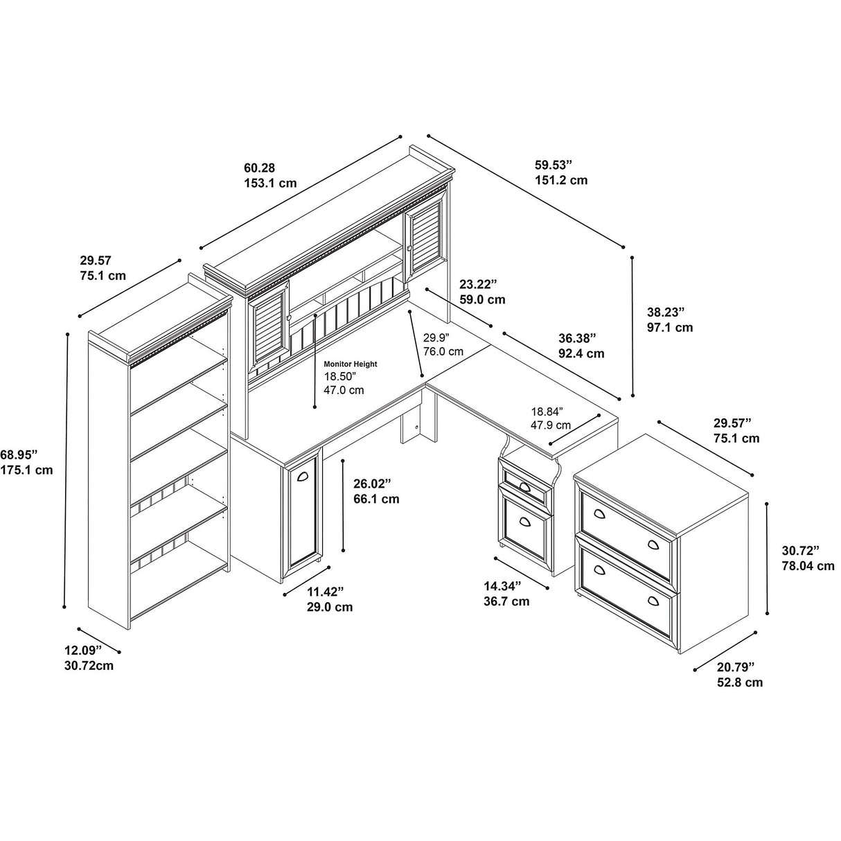 Fairview L Shaped Desk with Hutch, 5 Shelf Bookcase and Lateral File Cabinet