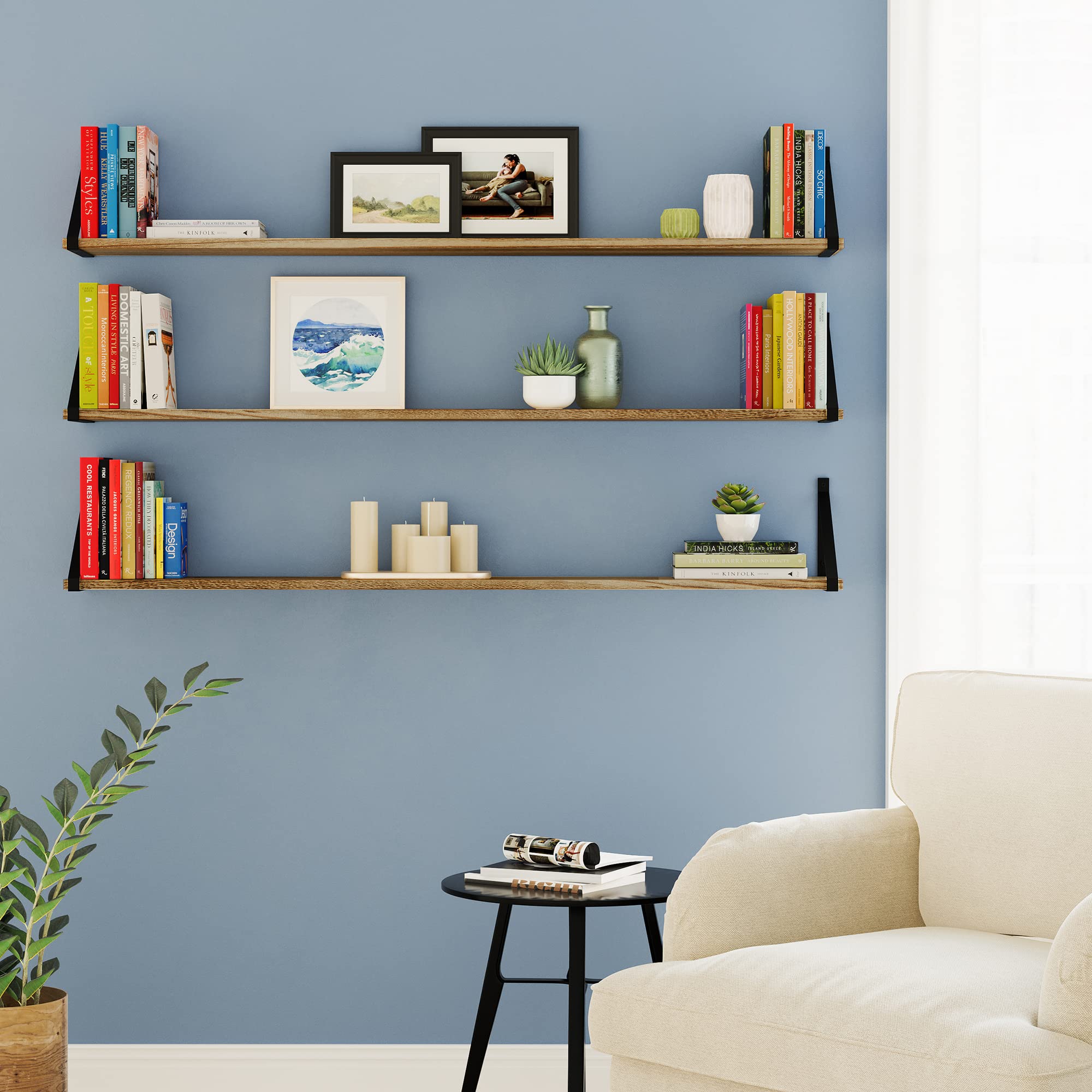 Bora Long Floating Shelves, Wall Bookshelf Living Room Decor Book Shelves for Office, Kitchen Organization Bedroom Decor Burnt, 48"x6" Set of 3